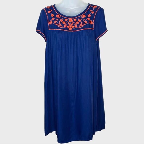 OLD NAVY | Navy Blue/Orange Scandinavian Folk Embroidered Tunic Dress Size Small - Picture 2 of 6